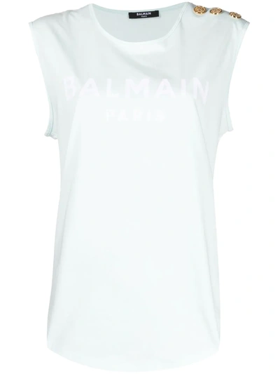 Shop Balmain Flocked Logo Sleeveless T-shirt In Green