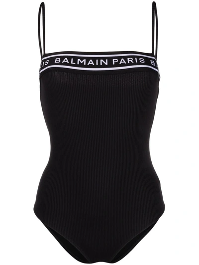 Shop Balmain Logo-tape One-piece In Black