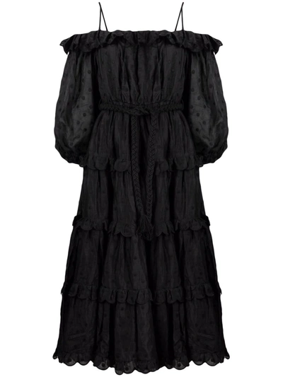 Zimmermann Black Polka Dot Off shoulder Midi Dress In Noir ModeSens
