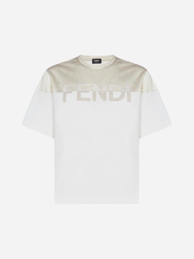 Shop Fendi Logo Cotton And Mesh T-shirt