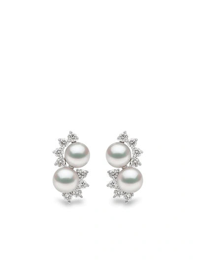 Shop Yoko London 18kt White Gold Diamond Akoya Pearl Sleek Stud Earrings In Silber