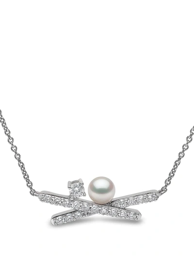 Shop Yoko London 18kt White Gold Sleek Akoya Pearl Diamond Necklace In Silber