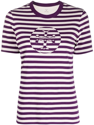 Shop Tory Burch Striped Logo-print T-shirt In Violett