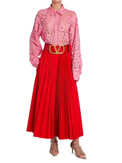 Shop Valentino Pleated Midi Skirt In Red