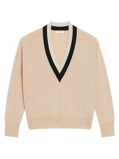 Shop Sandro Vince Two-tone Trim Knit Sweater In Beige Khaki