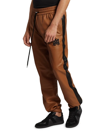 Shop Amiri Leather Track Joggers In Brown