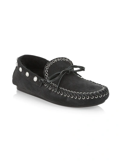Shop Isabel Marant Faomee Shearling-lined Studded Suede Moccasins In Faded Black