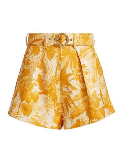Shop Zimmermann Mae Quilted Palm Belted Linen Shorts In Amber Palm