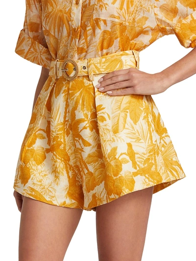 Shop Zimmermann Mae Quilted Palm Belted Linen Shorts In Amber Palm