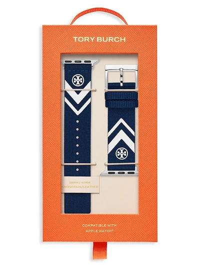 Shop Tory Burch Women's Tb Apple Strap Chevron-print Grosgrain Apple Watch Band In Blue
