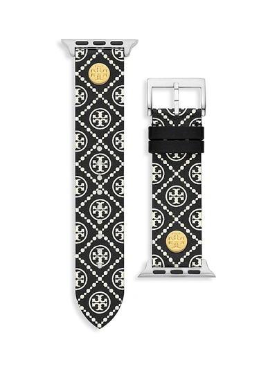 Shop Tory Burch Apple Watch Black Medallion Logo-print Leather Watch Strap/38mm & 40mm