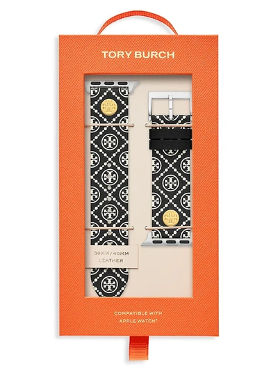 Shop Tory Burch Apple Watch Black Medallion Logo-print Leather Watch Strap/38mm & 40mm