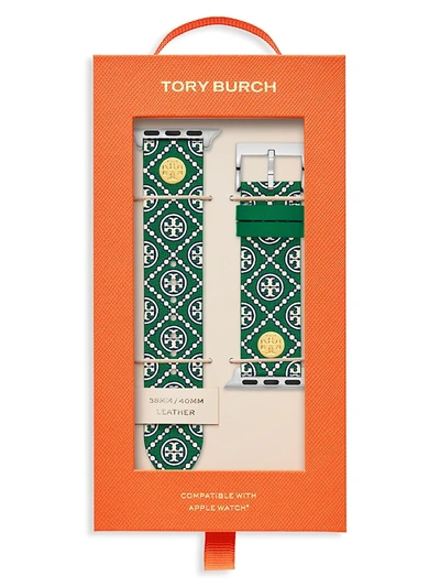Shop Tory Burch Apple Watch Green Medallion Logo-print Leather Watch Strap/38mm & 40mm