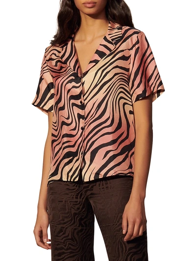 Shop Sandro Ines Zebra-print Short-sleeve Silk Shirt In Brick Red