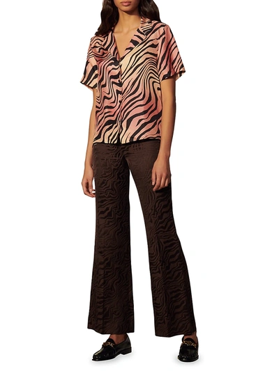 Shop Sandro Ines Zebra-print Short-sleeve Silk Shirt In Brick Red