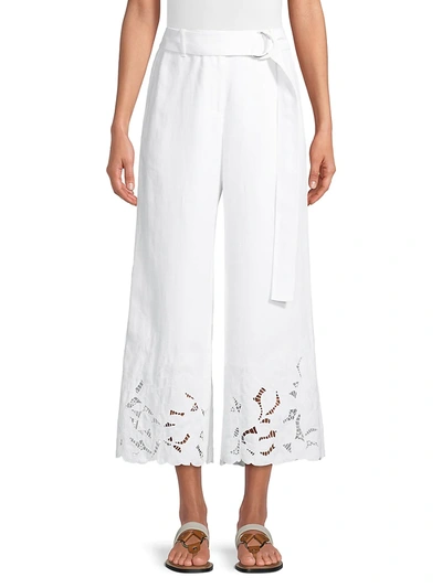 Shop Lafayette 148 Rockefeller Embroidered Linen Crop Pants In White