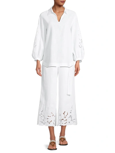 Shop Lafayette 148 Rockefeller Embroidered Linen Crop Pants In White