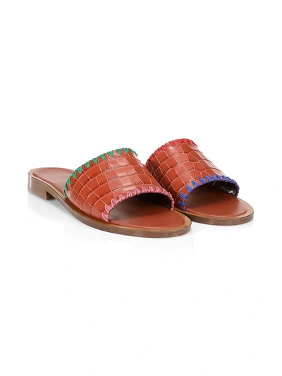 Shop Staud Women's Genie Mismatched Croc-embossed Leather Slides In Brown