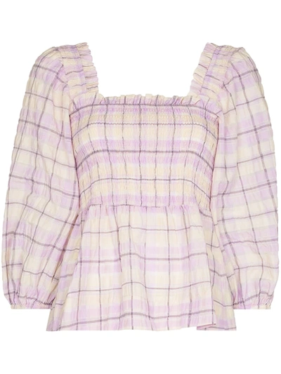 Shop Ganni Check-pattern Smocked Blouse In Rosa