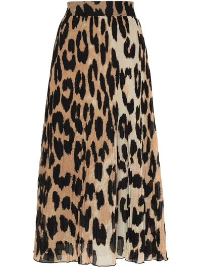 Shop Ganni Leopard Print Pleated Midi Skirt In Braun