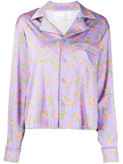 Shop Natasha Zinko Floral-print Long-sleeve Satin Shirt In Violett