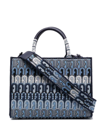 Shop Furla Toni Antracite Jacquard-embossed Tote Bag In Blau