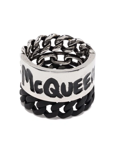 Shop Alexander Mcqueen Graffiti Curb Chain Ring In Silver