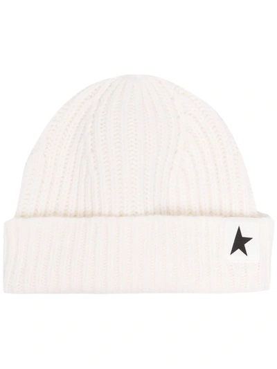 Shop Golden Goose Star Patch Ribbed Beanie In Weiss