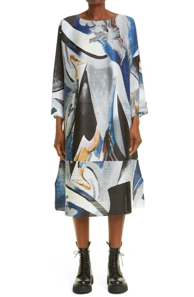 Shop Issey Miyake Musa Pleated Long Sleeve Trapeze Dress In Navy