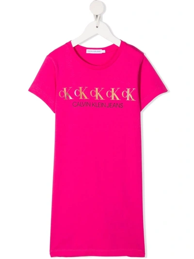 Shop Calvin Klein Metallic Logo-print T-shirt Dress In Pink