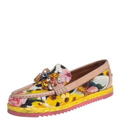 Pre-owned Dolce & Gabbana Multicolor Brocade Fabric And Leather Crystal Embellished Loafers Size 37