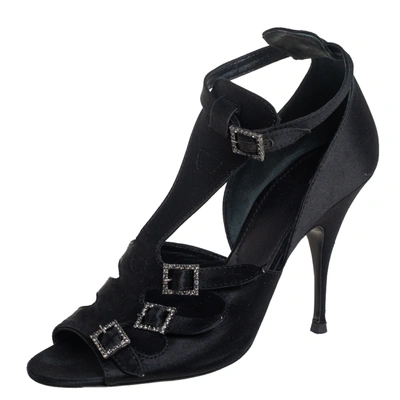 Pre-owned Givenchy Black Satin Cystal Buckle Embellished T-strap Open Toe Sandals Size 38
