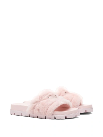 Shop Prada Triangle-logo Shearling Slides In Bianco+nube