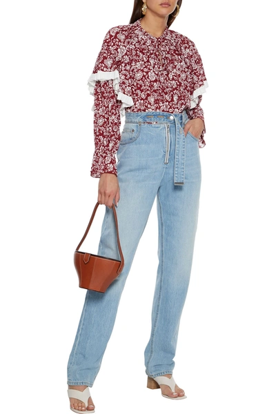 Shop See By Chloé Ruffled Floral-print Cotton-jacquard Blouse In Burgundy