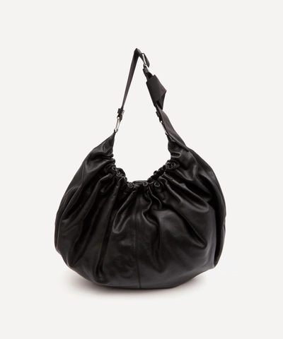 Shop Ganni Draped Leather Xxl Hobo Shoulder Bag In Black