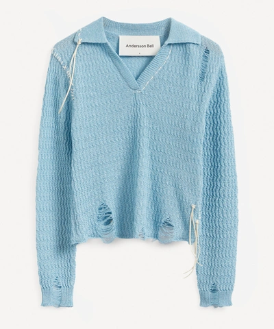 Shop Andersson Bell Erica Distressed Knit Polo Shirt In Blue