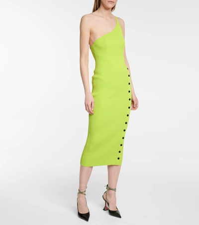 Shop Self-portrait One-shoulder Ribbed-knit Midi Dress In Green