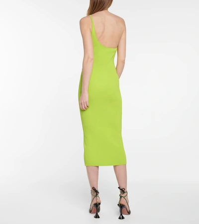 Shop Self-portrait One-shoulder Ribbed-knit Midi Dress In Green