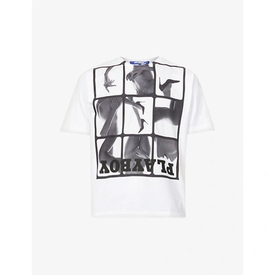 Shop Junya Watanabe Playboy Graphic-print Cotton-jersey T-shirt In White X Black