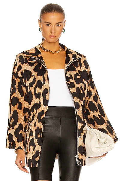 Shop Ganni Linen Canvas Jacket In Maxi Leopard