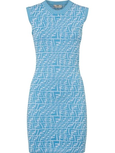 FENDI FF Vertigo-Jacquard Knit Mini Dress in Blue