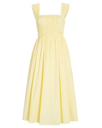 Shop Staud Ida Smocked Poplin Midi Dress In Yellow