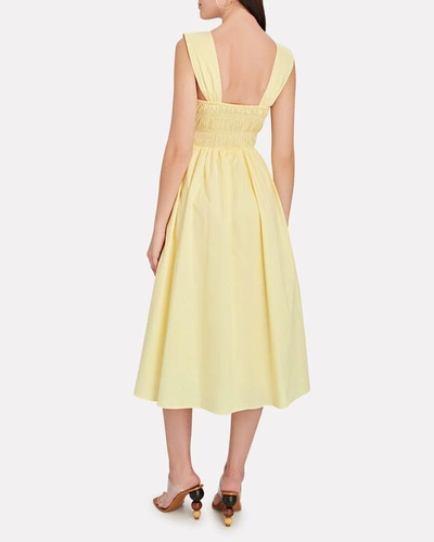 Shop Staud Ida Smocked Poplin Midi Dress In Yellow