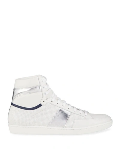 Shop Saint Laurent Men's Court Classic Sl/10 Metallic Perforated High-top Sneakers In White Multi