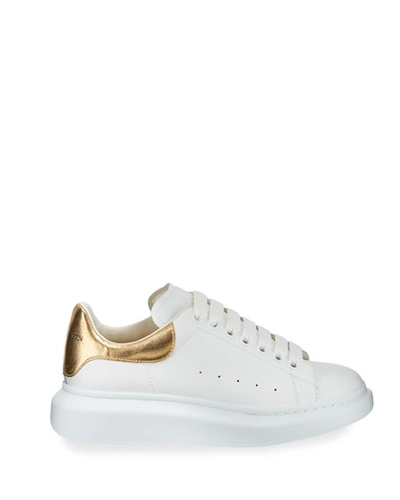 Shop Alexander Mcqueen Men's Oversized Larry Leather Platform Sneakers With Metallic Back In White/gold