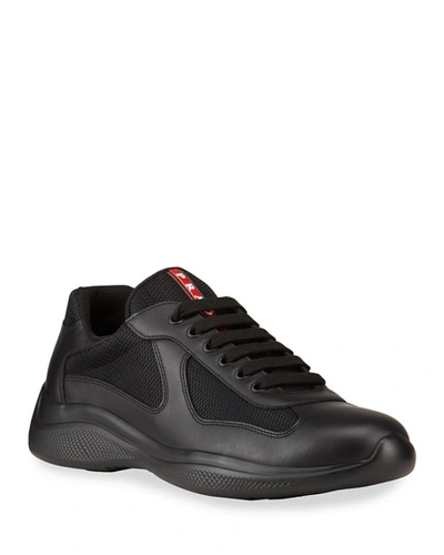 Shop Prada Men's Americas Cup Leather Trainer Sneakers In Black