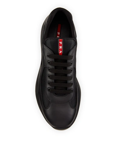 Shop Prada Men's Americas Cup Leather Trainer Sneakers In Black