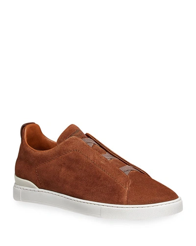 Shop Ermenegildo Zegna Men's Triple Stitch Suede Low-top Sneakers In Rust