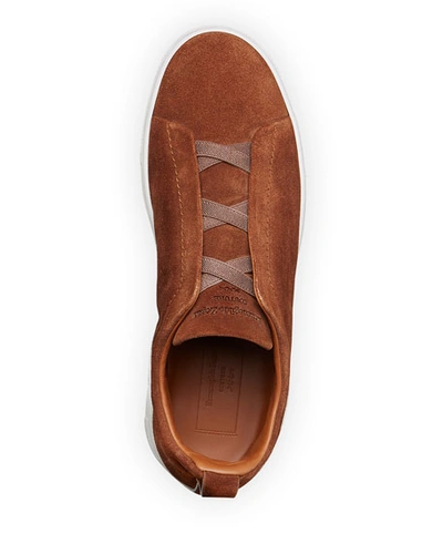 Shop Ermenegildo Zegna Men's Triple Stitch Suede Low-top Sneakers In Rust