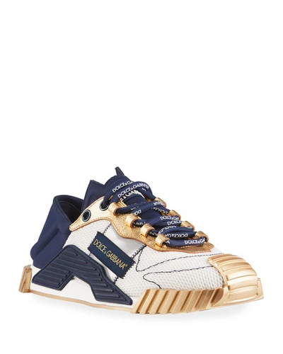 Shop Dolce & Gabbana Men's Runway Ns1 Metallic Drawstring Sneakers In White/blue